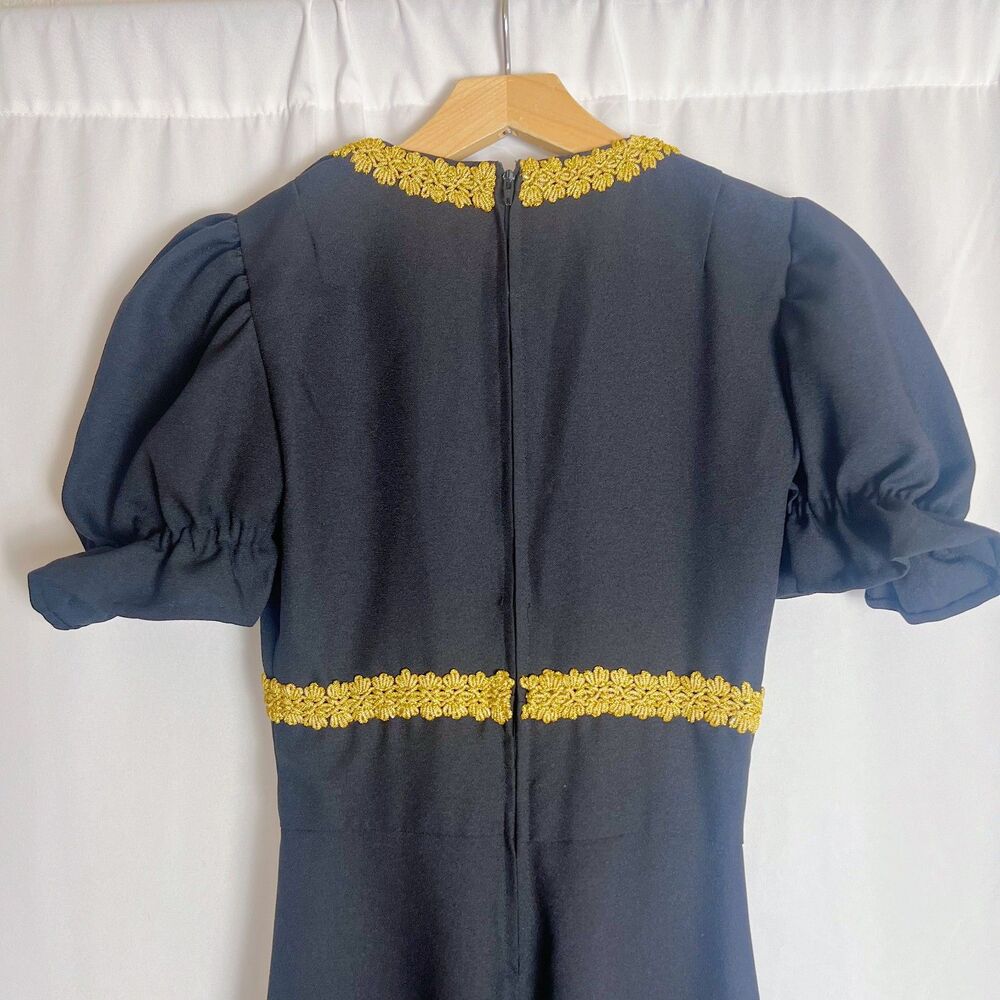 1960s Vintage Black Puff Sleeve Gown Maxi Dress Gold Trim - Picture 4 of 7